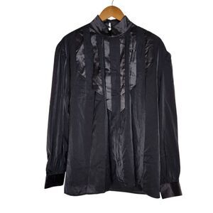 Incerun Womens L Black Button Mock Neck Pleated Puff LS Blouse Whimsigoth